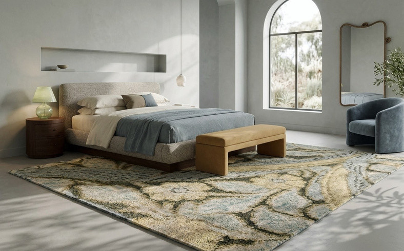Morris shown in a room — olive, persian knot