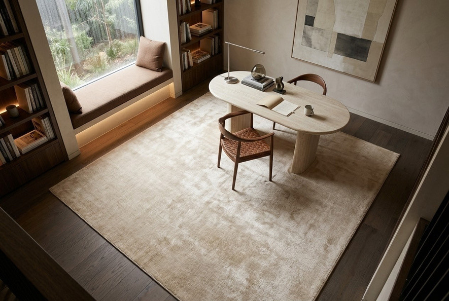 Solid shown in a room — beige, persian knot