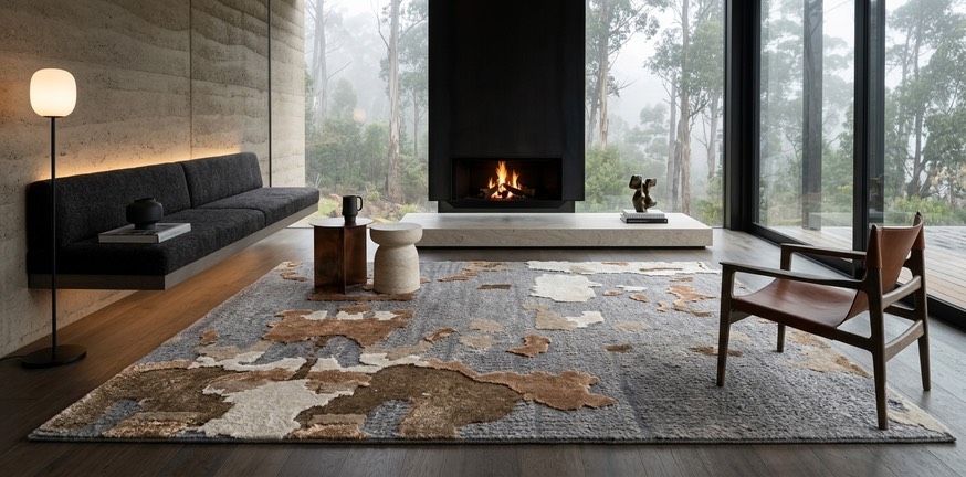 Reha shown in a room — copper & grey, persian knot